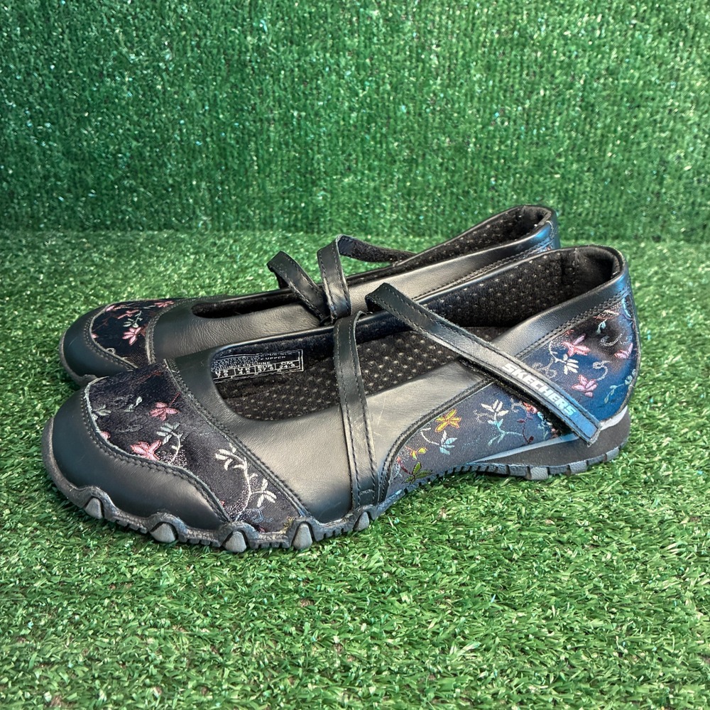 Skechers Bikers Floral Embroidery Mary Jane Comfort Walking Shoe Black Women 7.5 - Picture 3 of 9